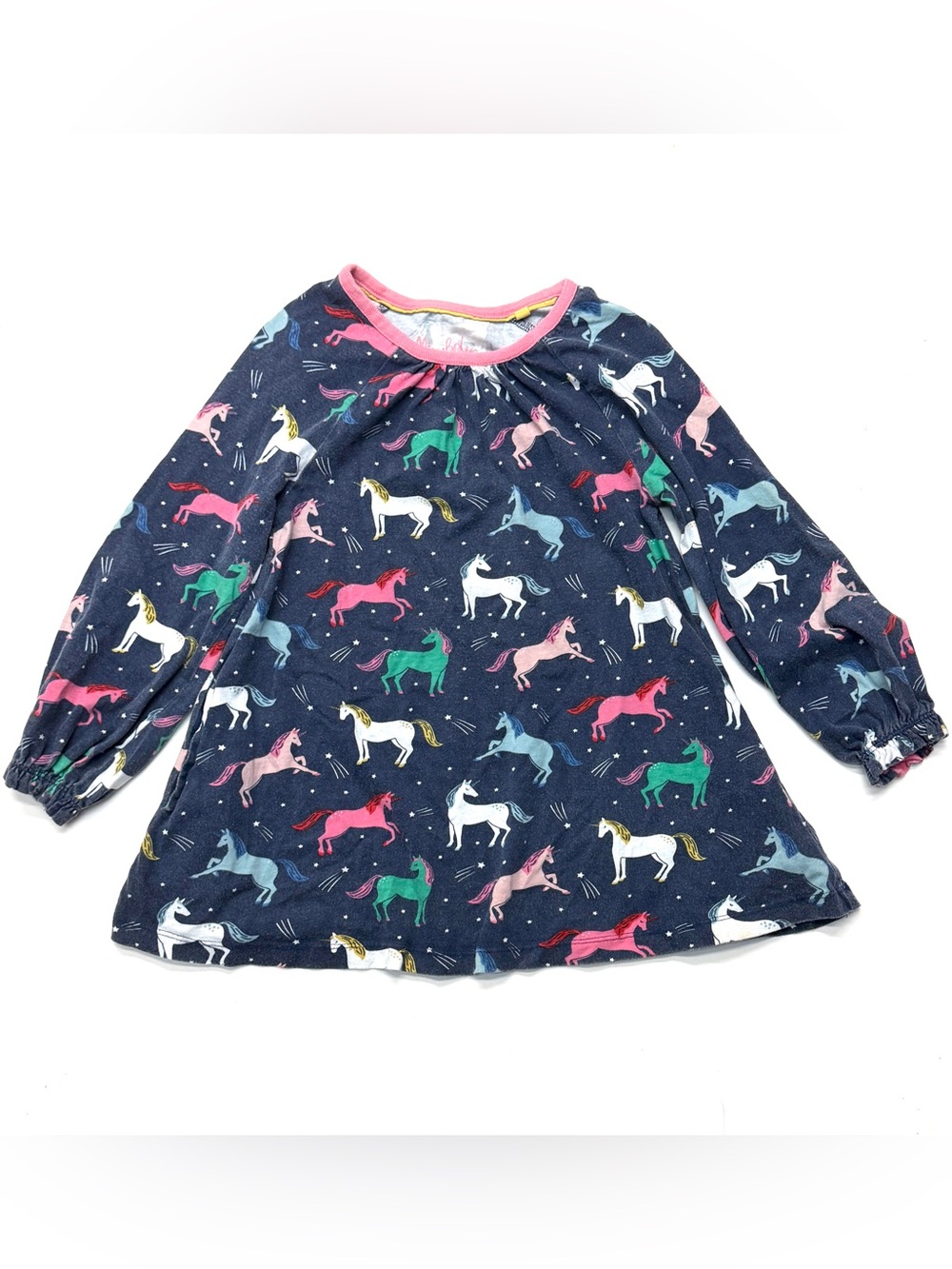 Mini Boden Navy Blue Unicorn Horse Print Long-Sleeve Dress Cotton